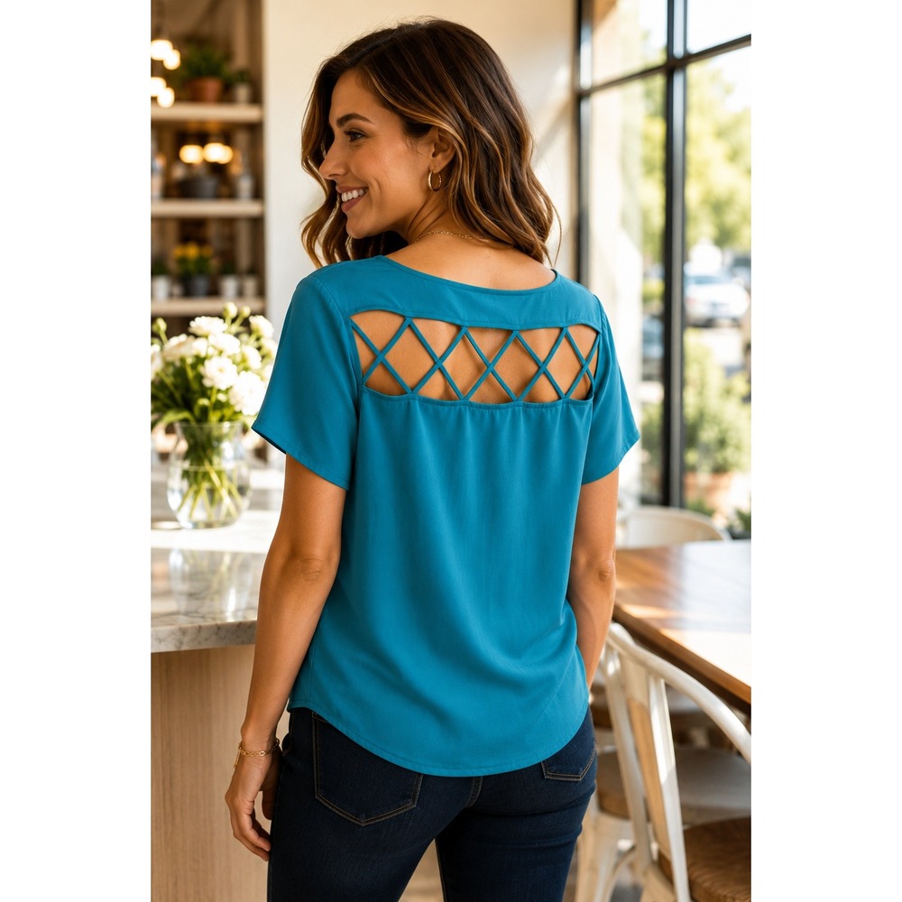 Torrid Teal Blue Lattice‎ Strappy Back Georgette Blouse Size 00 M/L 10